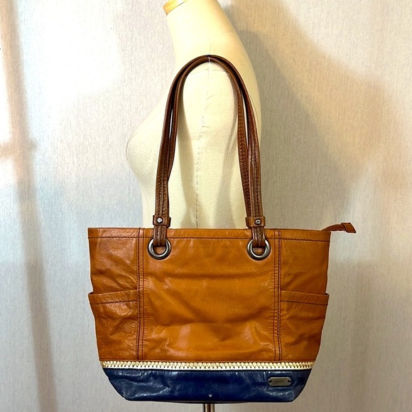 The Sak Landis Brown Blue Genuine Leather Double Strap Shoulder Bag Tote - Picture 1 of 7